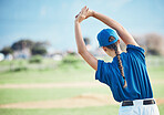Back, stretching and a woman on a field for baseball, training for sports or fitness with mockup. Space, nature and an athlete or person with a warm up for exercise and ready to start a game