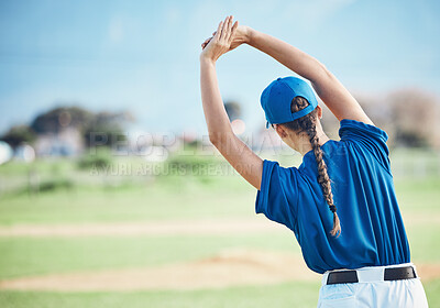 Buy stock photo Back, stretching and a woman on a field for baseball, training for sports or fitness with mockup. Space, nature and an athlete or person with a warm up for exercise and ready to start a game