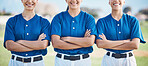 Softball, arms crossed and women team proud or ready for outdoor sports match, game and competition together. Smile, teamwork and players in solidarity for fitness training and workout on a field 