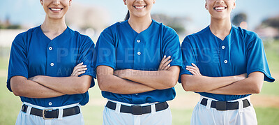 Buy stock photo Softball, arms crossed and women team proud or ready for outdoor sports match, game and competition together. Smile, teamwork and players in solidarity for fitness training and workout on a field 