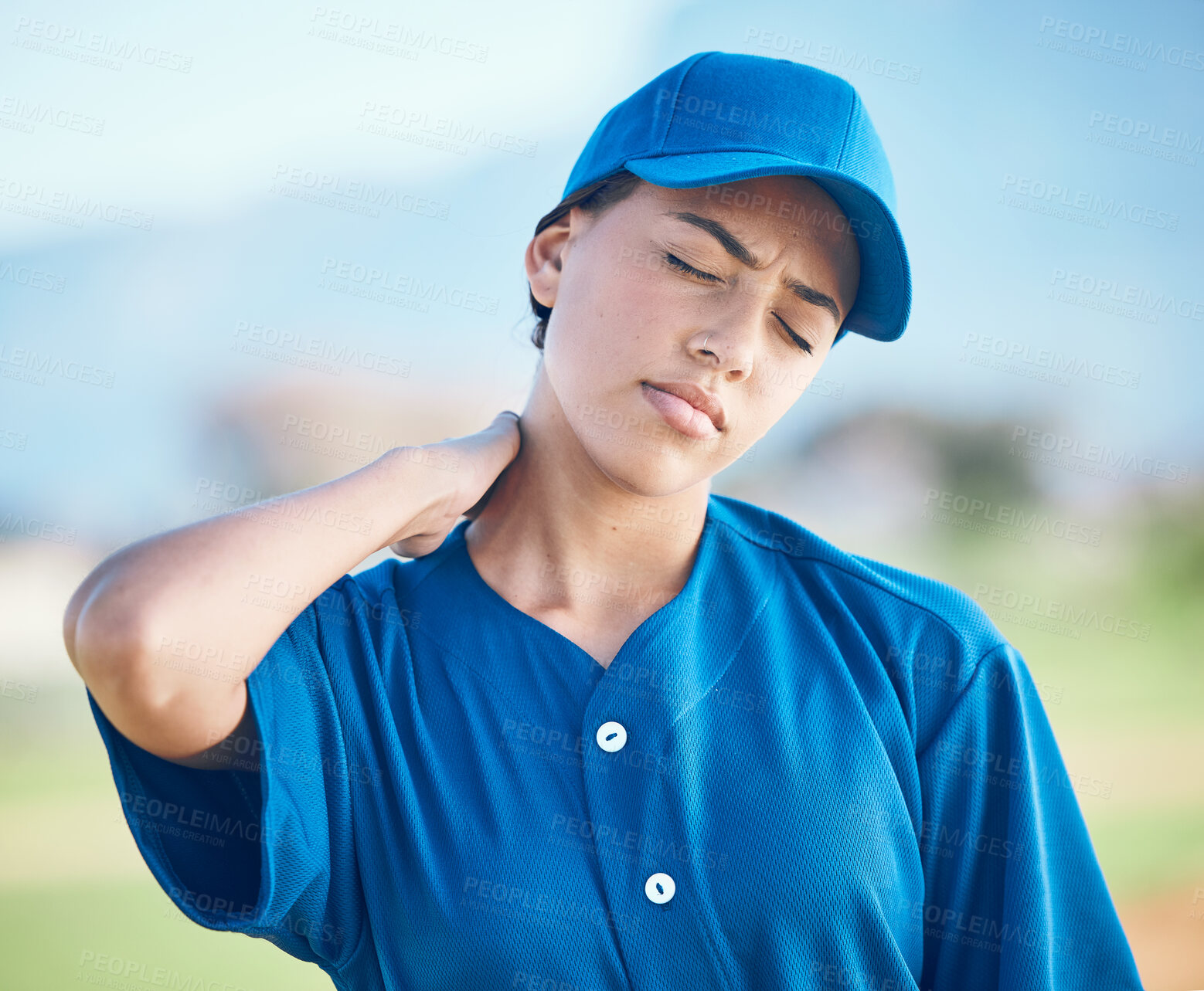 Buy stock photo Neck pain, baseball player and face of sports woman with injury from competition, match game or field workout. Training mistake, athlete burnout or person with hurt problem, medical emergency or risk