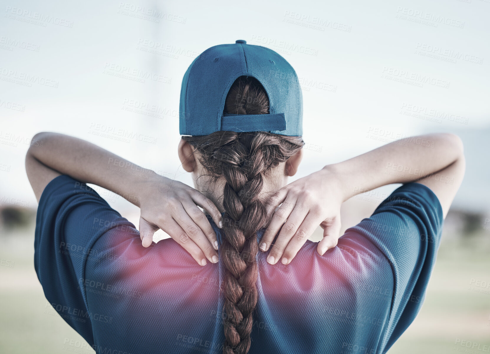 Buy stock photo Spine injury, sports person and back pain from baseball player mistake, inflammation or fitness risk. First aid problem, match accident and athlete with fibromyalgia, backache strain or body burnout