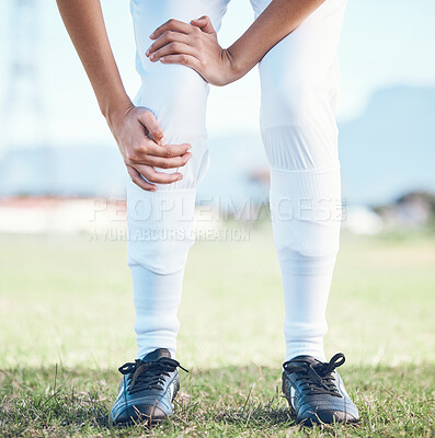 Buy stock photo Knee pain, fitness and sports person with legs injury from baseball challenge, grass field workout or exercise. Medical emergency or problem, training accident and closeup athlete with muscle strain