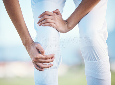 Buy stock photo Injury, sports person or knee pain from running problem, baseball player mistake or fitness burnout risk. Bad joint, orthopedic or closeup athlete legs with match accident, strain or first aid crisis