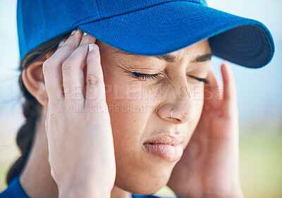 Buy stock photo Woman, baseball and headache in stress, mistake or burnout from sports injury or outdoor accident. Upset female person, player or athlete with migraine, tension or strain under pressure on the field 