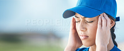 Buy stock photo Baseball burnout, banner and a woman with a headache from sports fail, mistake or training. Anxiety, mockup space and an athlete with pain or a migraine from a softball contest, competition or loss