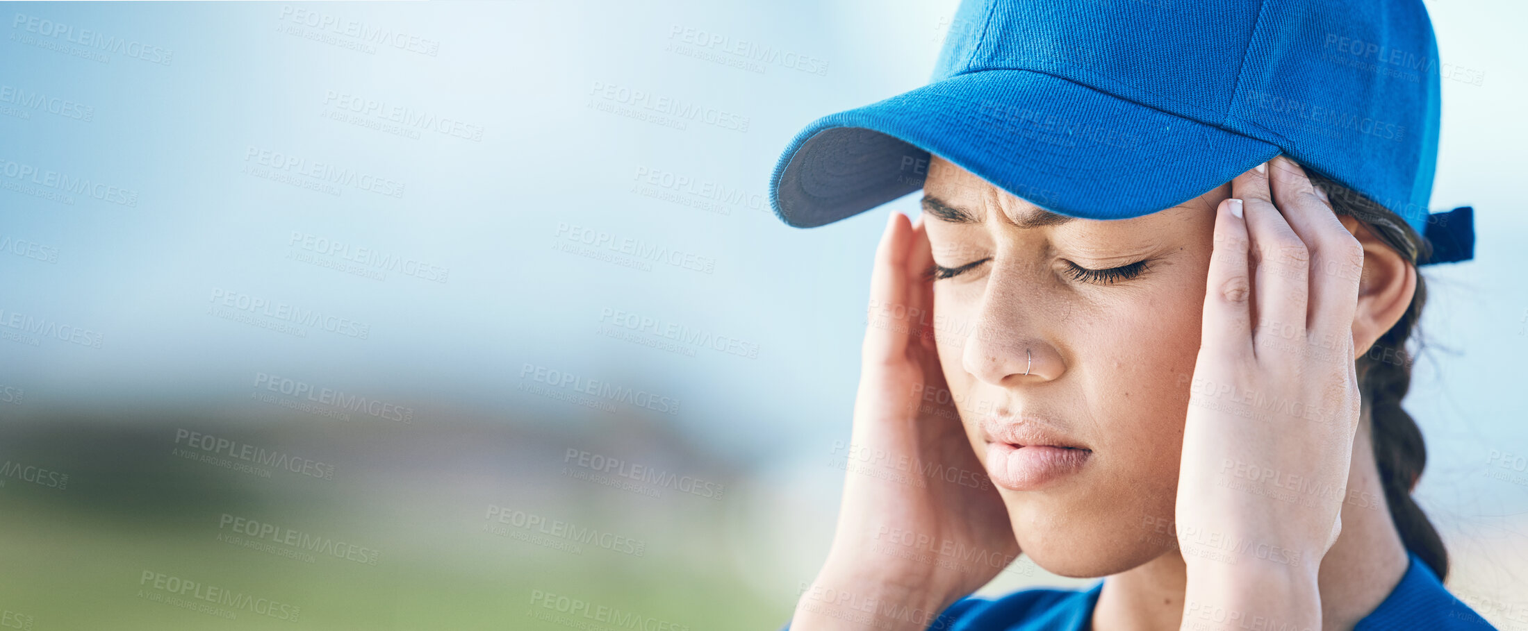 Buy stock photo Baseball burnout, banner and a woman with a headache from sports fail, mistake or training. Anxiety, mockup space and an athlete with pain or a migraine from a softball contest, competition or loss
