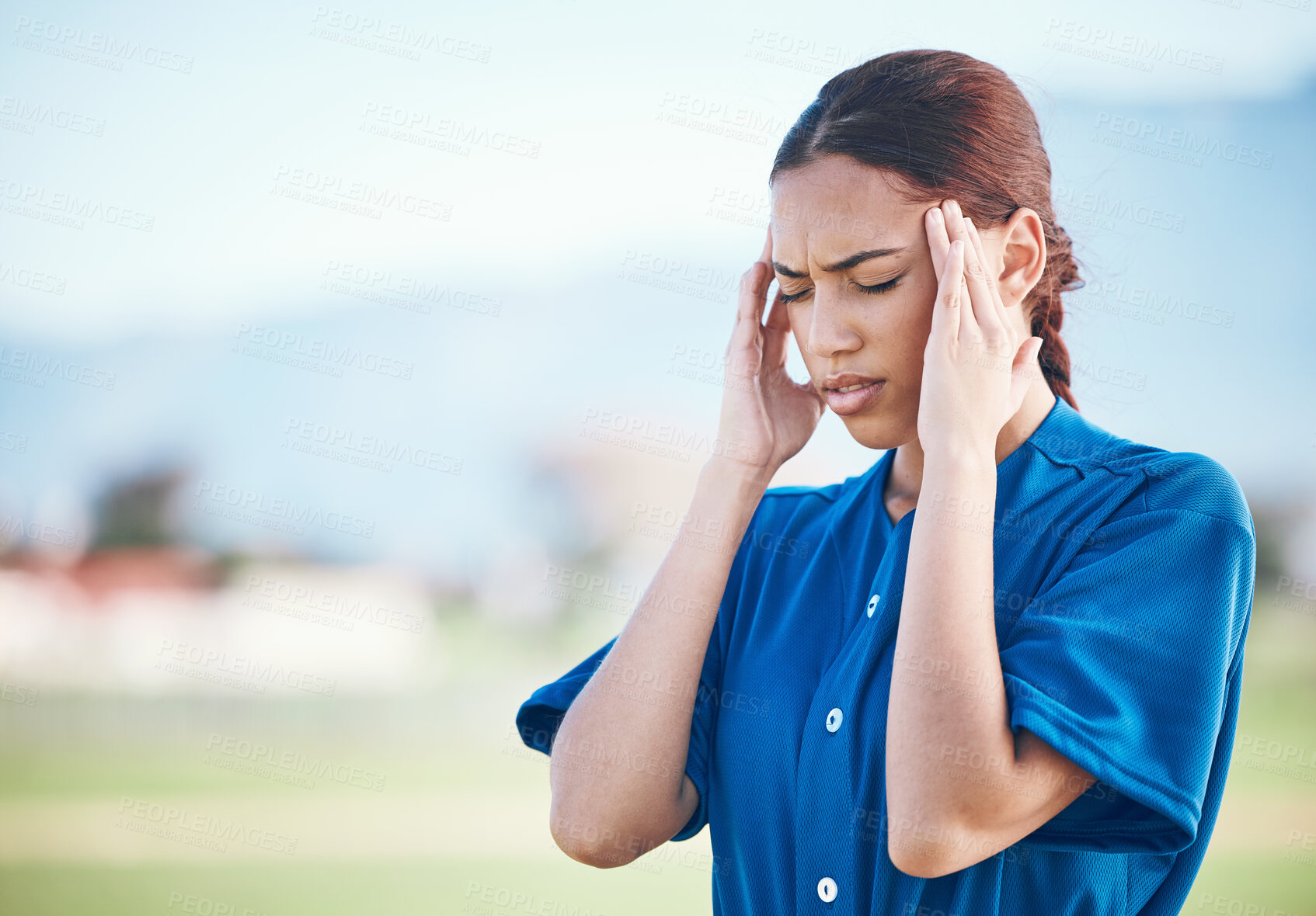 Buy stock photo Baseball burnout, stress and a woman with a headache from sports fail, mistake or training. Anxiety, fitness and an athlete with pain or a migraine from a softball contest, competition or loss