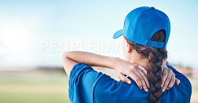 Buy stock photo Spine injury, back or sports person with anatomy pain from baseball challenge, workout mistake or exercise risk. Medical emergency, training accident or athlete with fibromyalgia, backache or problem