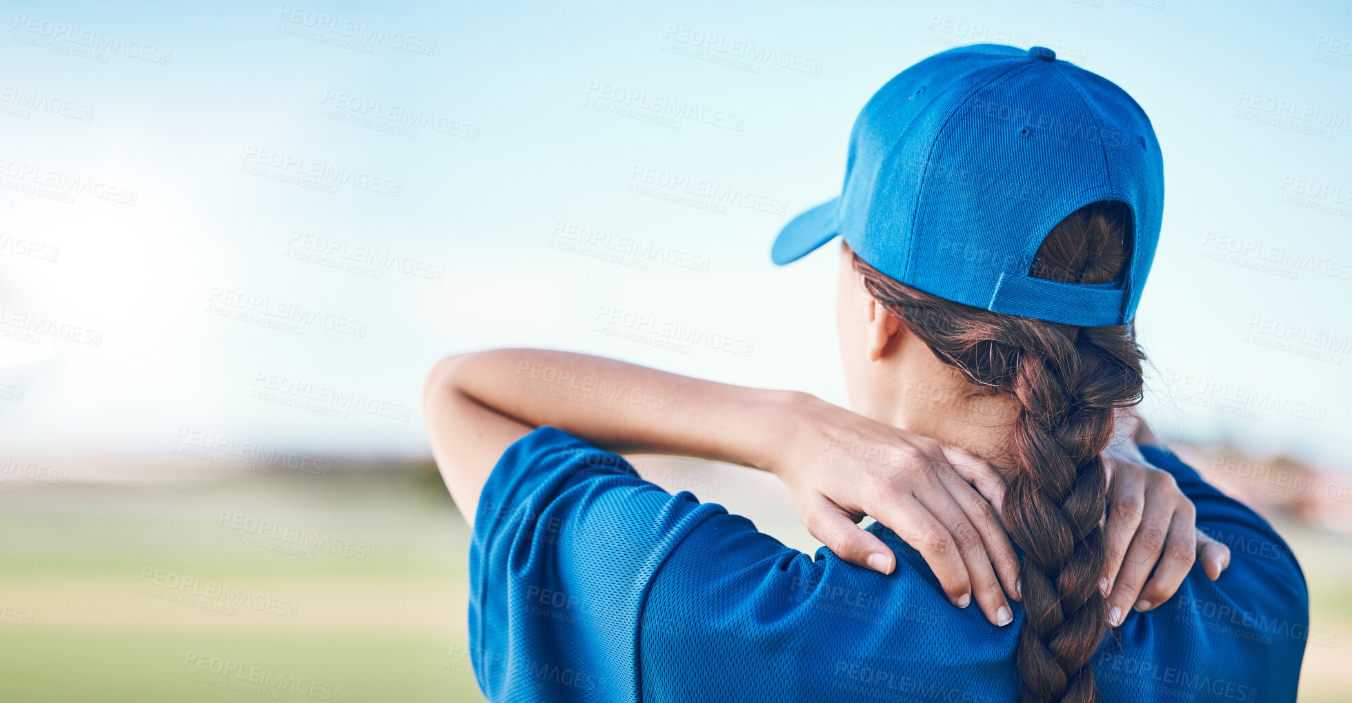 Buy stock photo Spine injury, back or sports person with anatomy pain from baseball challenge, workout mistake or exercise risk. Medical emergency, training accident or athlete with fibromyalgia, backache or problem