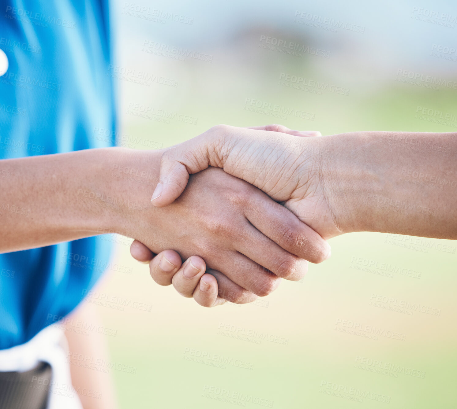 Buy stock photo People, handshake and sports in agreement, teamwork or partnership on outdoor baseball field together. Players or person shaking hands in thank you, support or trust for unity, deal or motivation