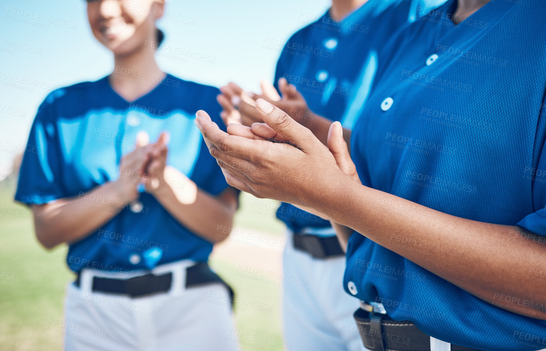 Buy stock photo Baseball team hands, sports and celebration applause for congratulations, match winner or competition support. Player achievement, wow success and group of people clapping, praise and teamwork goals