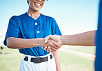 Baseball player, sports and fitness team hand shake for partnership, teamwork or welcome greeting at match competition. Closeup, athlete and people shaking hands for agreement, thank you or respect