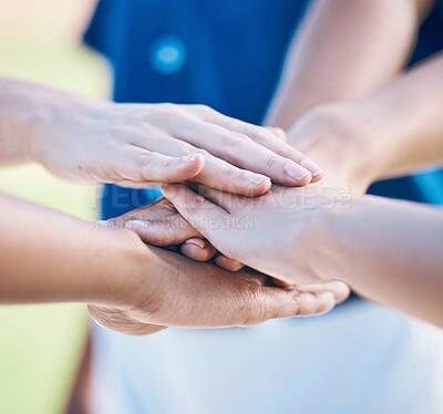 Buy stock photo Sports, hands stack and together for baseball team building, match motivation or competition support. Closeup player, softball commitment and group of people collaboration, teamwork and solidarity