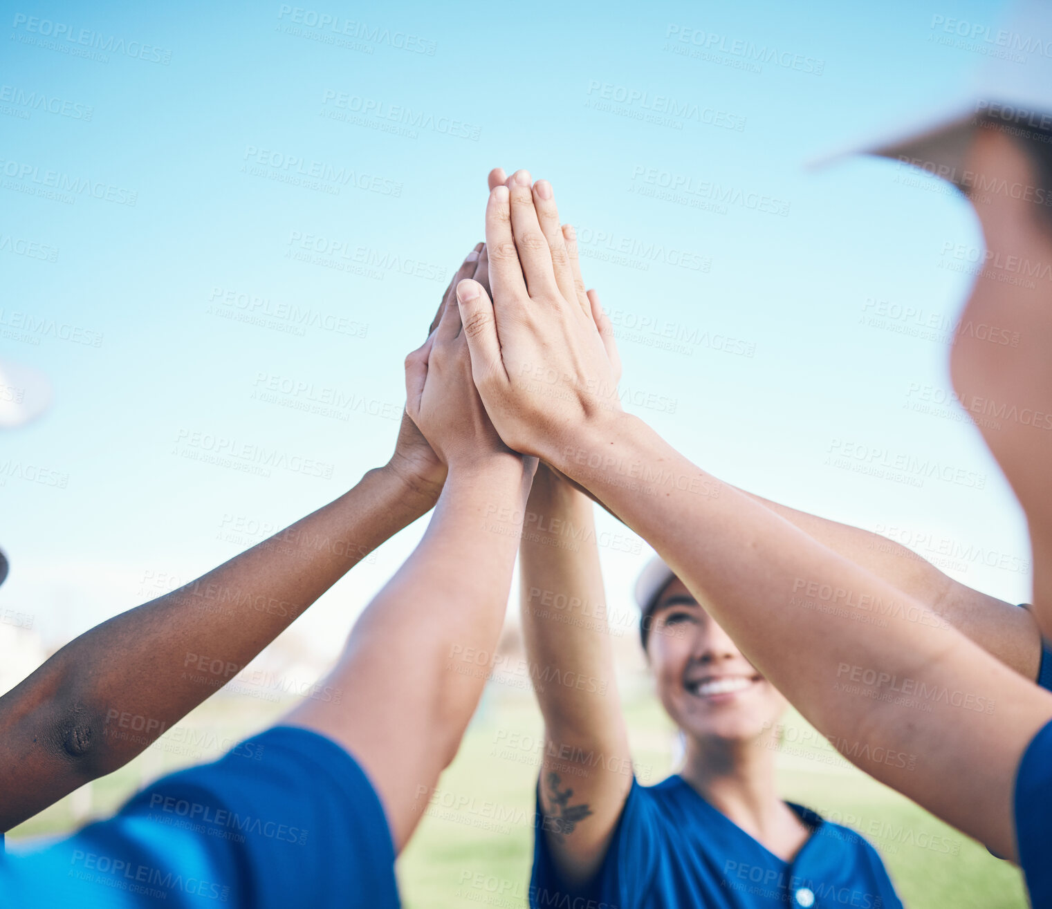 Buy stock photo Sports hands, high five celebration and baseball team building for motivation, match winner or competition support. Player achievement, success and group of people congratulations, goals and teamwork