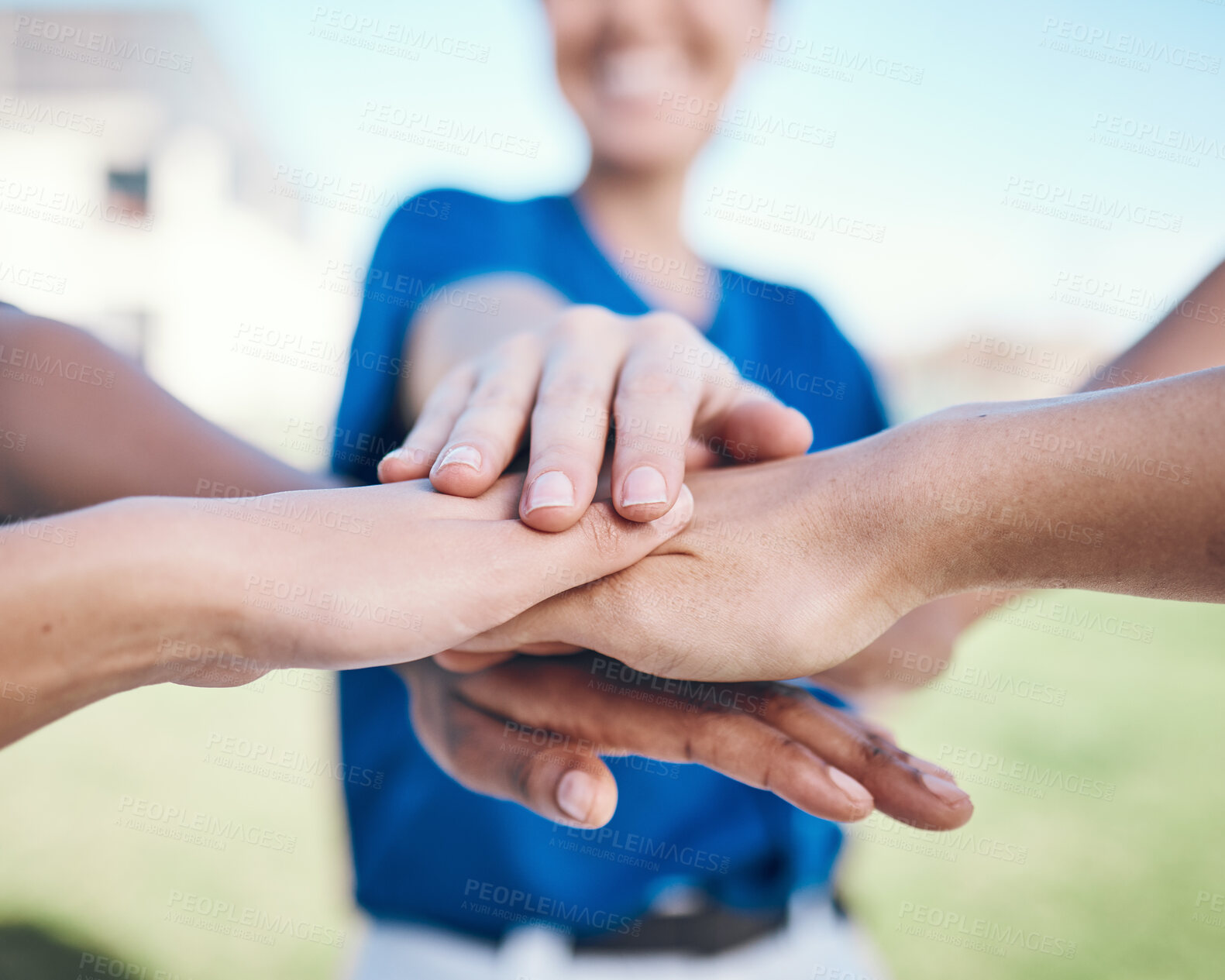 Buy stock photo Baseball player, hands stack and together for team celebration, group teamwork or athlete goals support. Closeup champion, softball event winner and people celebrate match competition success