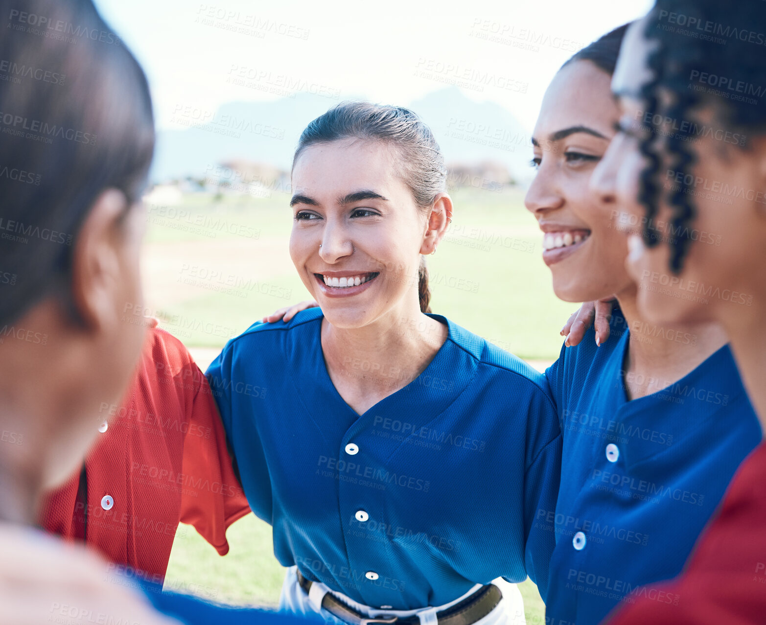 Buy stock photo Sports team, baseball or friends in huddle for fitness, competition or game. Teamwork, happy and group of women on a softball field for planning, training and communication or funny conversation