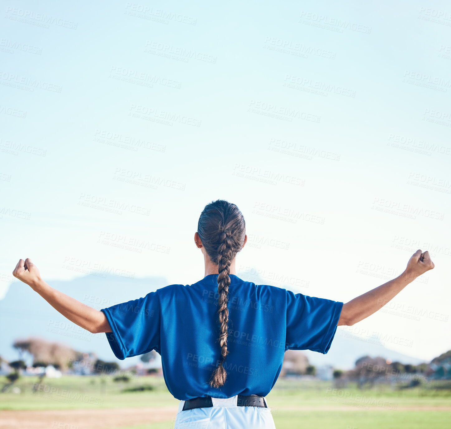 Buy stock photo Woman, fist pump and winner, softball and athlete on outdoor pitch, celebration and success with sports. Back view, baseball player and mockup space, fitness and achievement with cheers and winning