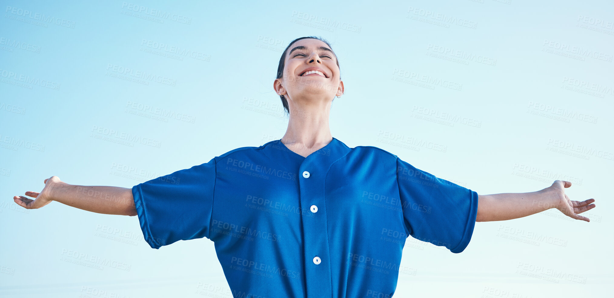 Buy stock photo Woman, arms out and winning, softball and athlete on outdoor, celebration and success with sports. Blue sky, freedom and happiness, baseball player and fitness with achievement, cheers and winner