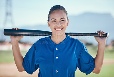 Buy stock photo Sports, portrait and woman with a baseball, bat and smile at a field for training, workout or match practice. Happy, face and female softball batter at a park for competition, performance and workout