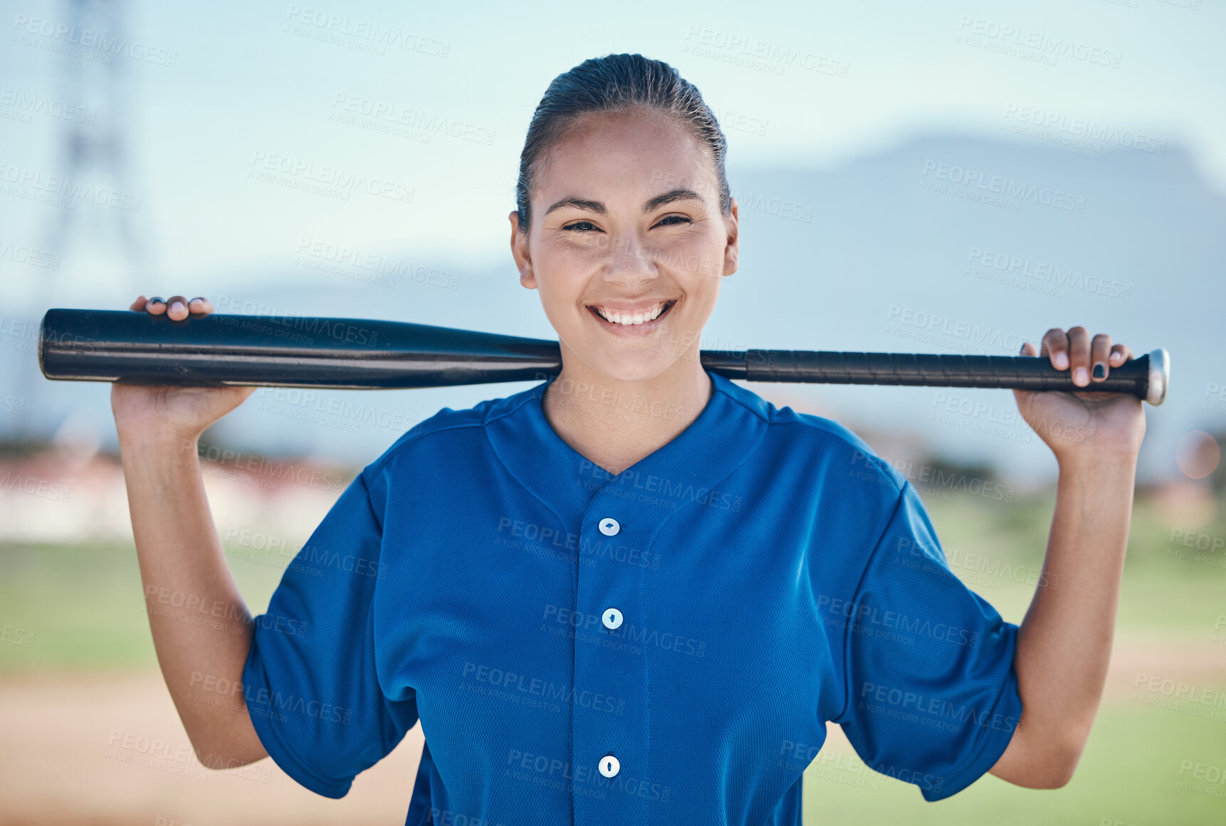 Buy stock photo Sports, portrait and woman with a baseball, bat and smile at a field for training, workout or match practice. Happy, face and female softball batter at a park for competition, performance and workout