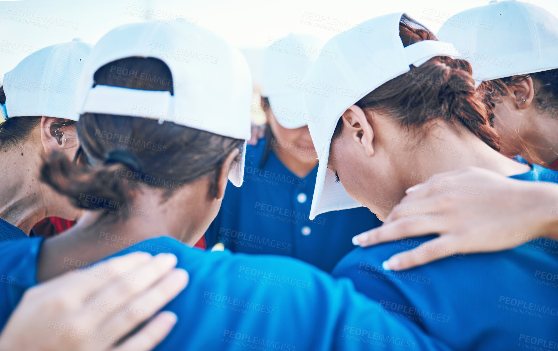 Buy stock photo Women, team and softball, game plan or praying together, sports and fitness, support and trust on pitch. Athlete, group of people and mission, faith and hope with baseball club huddle and community