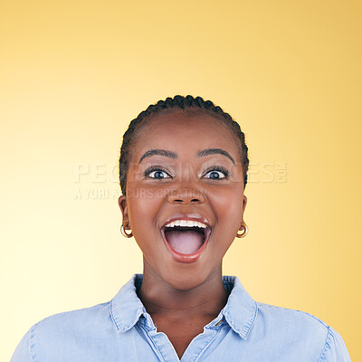 Buy stock photo Surprise, wow or face of excited black woman on yellow background with smile for discount deal in studio. Happy, portrait or excited person shocked by sale offer, success or winning lottery jackpot