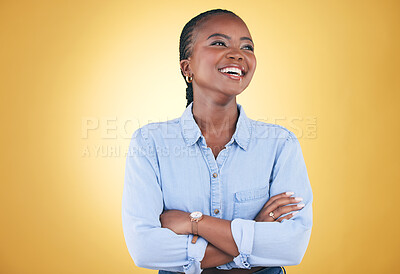 Buy stock photo Thinking, smile and happy black woman confident arms crossed isolated in a studio yellow background. African, fashion and relax young person proud of style with a memory of joy, humor and fun