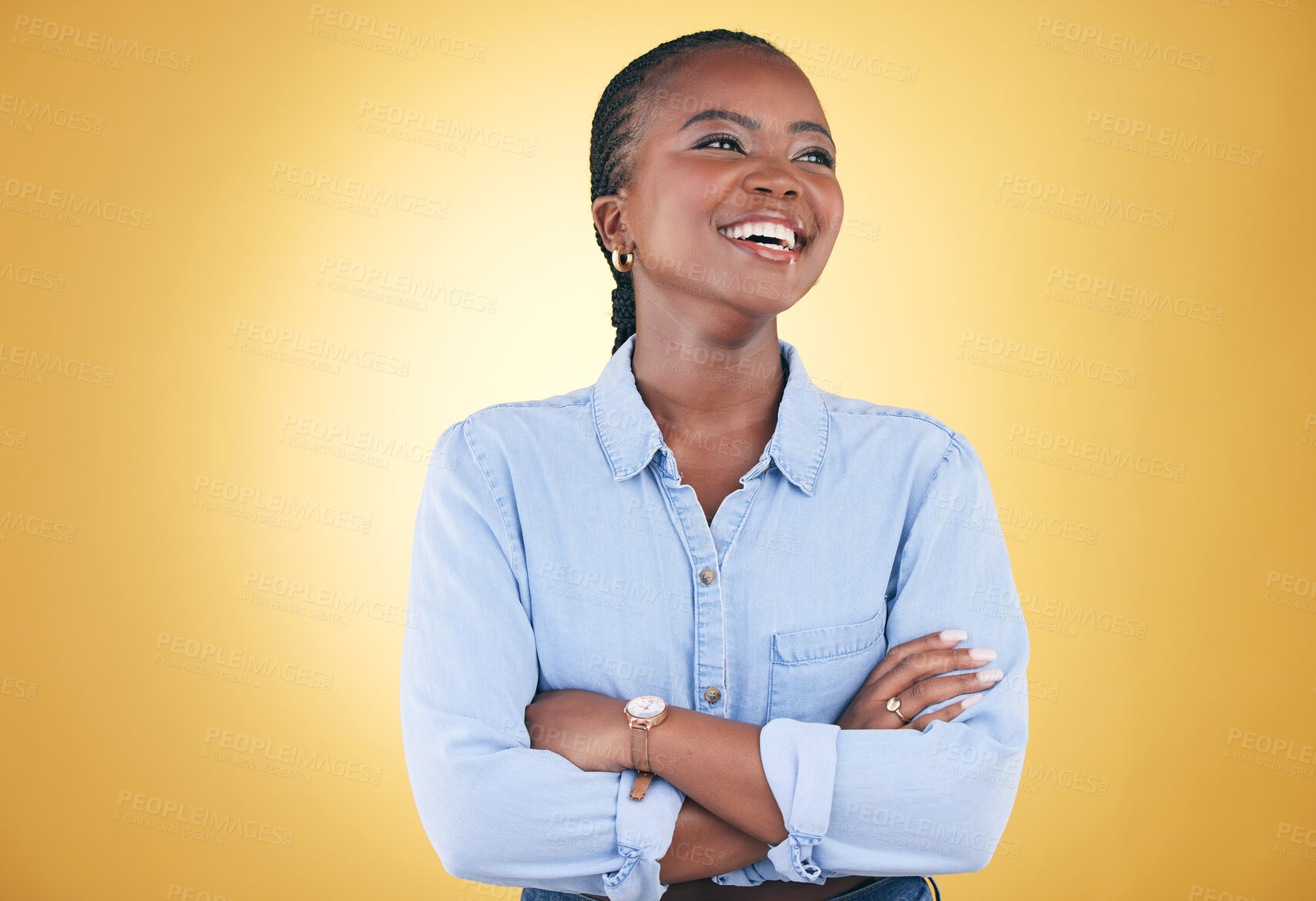 Buy stock photo Thinking, smile and happy black woman confident arms crossed isolated in a studio yellow background. African, fashion and relax young person proud of style with a memory of joy, humor and fun