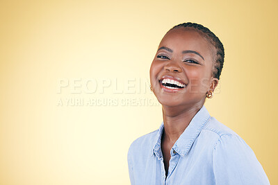 Buy stock photo Portrait, smile and happy black woman confident with beauty isolated in a studio yellow background. African, fashion and relax young person proud of style laughing at joke with joy, humor and fun