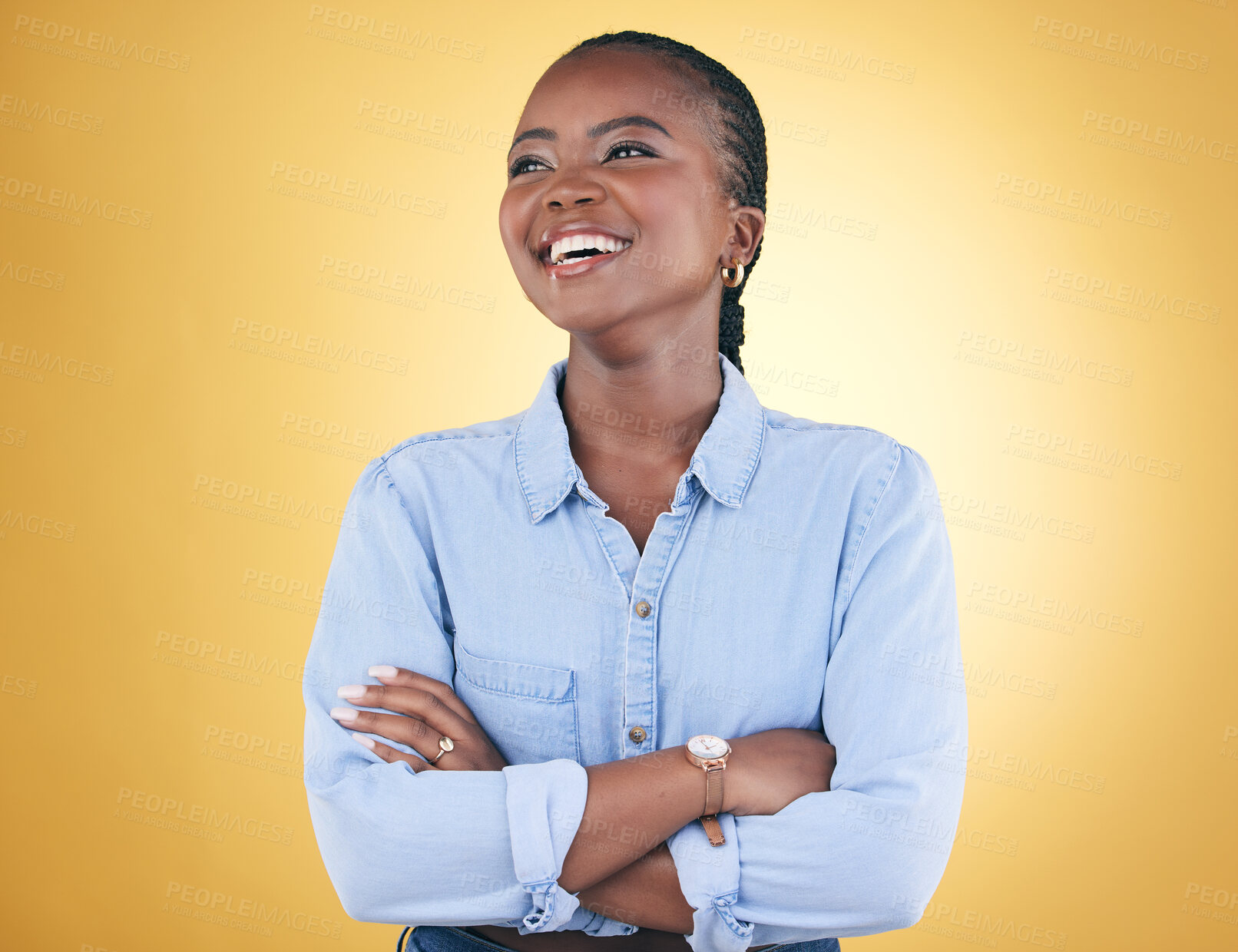Buy stock photo Thinking, idea and happy black woman confident arms crossed isolated in a studio yellow background. African, fashion and relax young person proud of style with a memory of joy, humor and fun