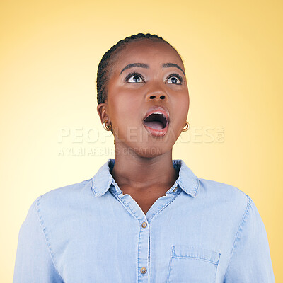 Buy stock photo Thinking, wow and black woman with surprise, announcement and girl on a yellow studio background. Person, omg and model with expression, shocked and winner with giveaway, news and discount deal