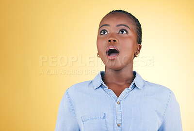Buy stock photo Surprise, wow or face of black woman in studio on yellow background amazed by retail discount deal. Wtf, omg or mind blown person shocked by sale offer, promotion or news announcement with mouth open
