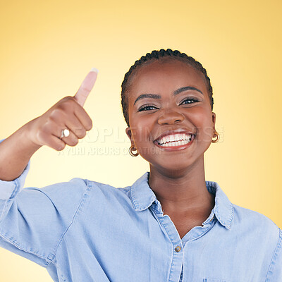 Buy stock photo Black woman, happy in portrait and thumbs up, feedback and support isolated on yellow background. Happy, agreement and hand gesture with positive review, yes and like emoji with success in a studio