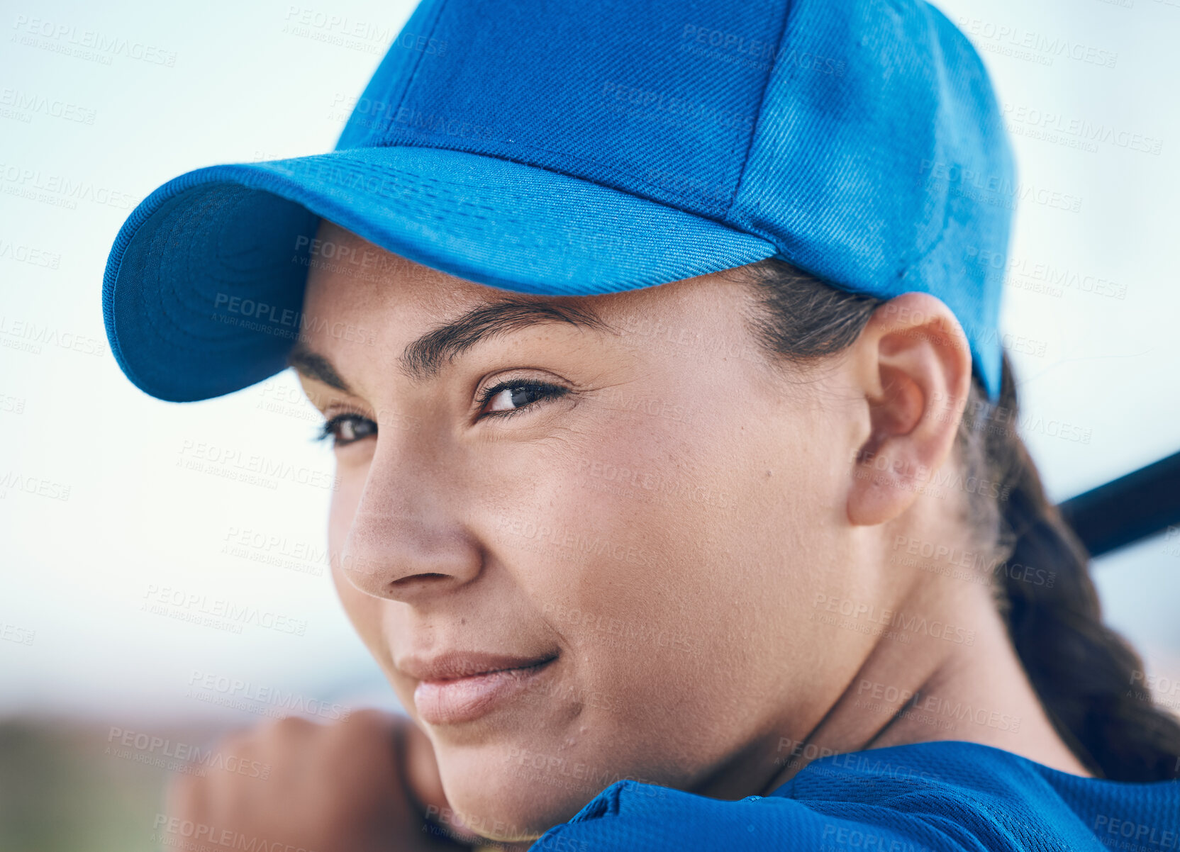 Buy stock photo Baseball, face and a person with bat outdoor on pitch for sports performance or competition. Professional athlete or softball woman for swing, commitment or fitness for game, training or exercise
