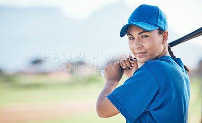 Buy stock photo Baseball, bat and portrait of a woman outdoor on a pitch for sports, performance and competition. Professional athlete or softball player with mockup, space and ready for game, training or exercise