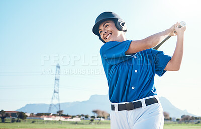 Buy stock photo Baseball, bat and swing of a woman outdoor on a pitch for sports, performance and competition. Professional athlete or softball player with a smile, space and ready for game, training or exercise