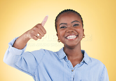 Buy stock photo Black woman, smile in portrait and thumbs up, feedback and support isolated on yellow background. Happy, agreement and hand gesture with positive review, yes and like emoji with success in a studio