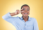 Crazy, portrait and a black woman with a peace sign on a studio background for fun personality. Cool, happy and an African girl or young person with a comic hand gesture isolated on a studio backdrop