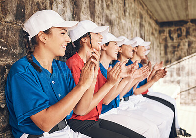 Buy stock photo Sports, baseball applause and excited team row for homerun celebration, softball player motivation or target success. Goals, stadium dugout and happy women clapping, congratulations and praise winner