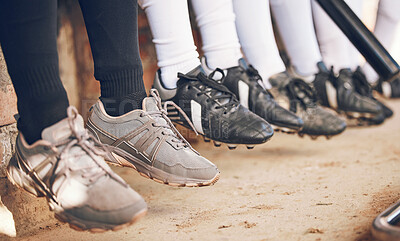 Buy stock photo Shoes, softball and sports, team and fitness with competition, people at stadium with mission. Athlete group, exercise and trust with support, collaboration and baseball player in club with footwear