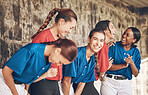 Sports team, people or friends laughing together with for fitness, competition or game. Diversity, happy and group of women in a dugout for baseball, training or communication or funny conversation