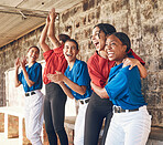 Baseball, team and women in celebration of winning game, match or success in competition and homerun achievement. Winner, group and happy softball players excited for teamwork, goals or tournament