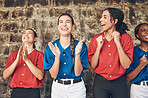 Happy woman, baseball and team in applause, celebration or winning cheer in sports game. Group of female athlete or players clapping in teamwork, motivation or support in unity or achievement success