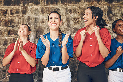 Buy stock photo Happy woman, baseball and team in applause, celebration or winning cheer in sports game. Group of female athlete or players clapping in teamwork, motivation or support in unity or achievement success