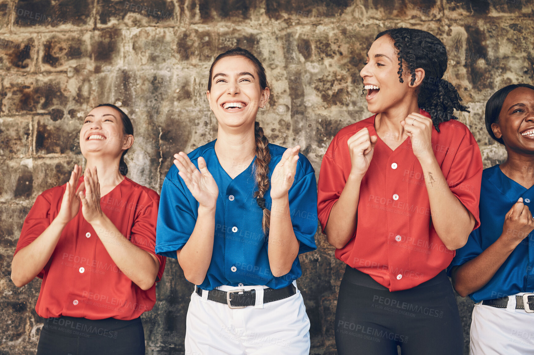 Buy stock photo Happy woman, baseball and team in applause, celebration or winning cheer in sports game. Group of female athlete or players clapping in teamwork, motivation or support in unity or achievement success