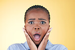 Black woman, face and alarm, shock and emoji with facial expression, drama and surprise isolated on yellow background. Wow, fear and portrait, reaction to announcement or news with anxiety in studio