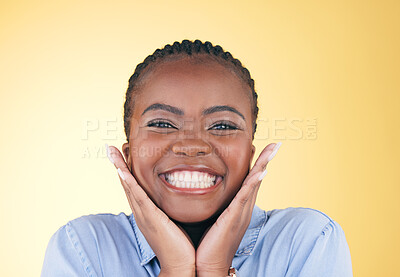 Buy stock photo Face smile, hands of black woman and teeth in studio isolated on a yellow background. Happy, portrait and dental wellness of natural African model in cosmetic facial treatment, beauty and skincare