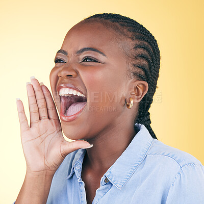 Buy stock photo Shouting, announcement black woman in studio with motivation and voice from deal. Yellow background, female person and secret with big news and excited from advertising, marketing and promotion deal