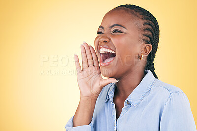 Shout, announcement black woman in studio with motivation and smile from deal. Yellow background, female person and secret with big news and excited from advertising, marketing and promotion deal
